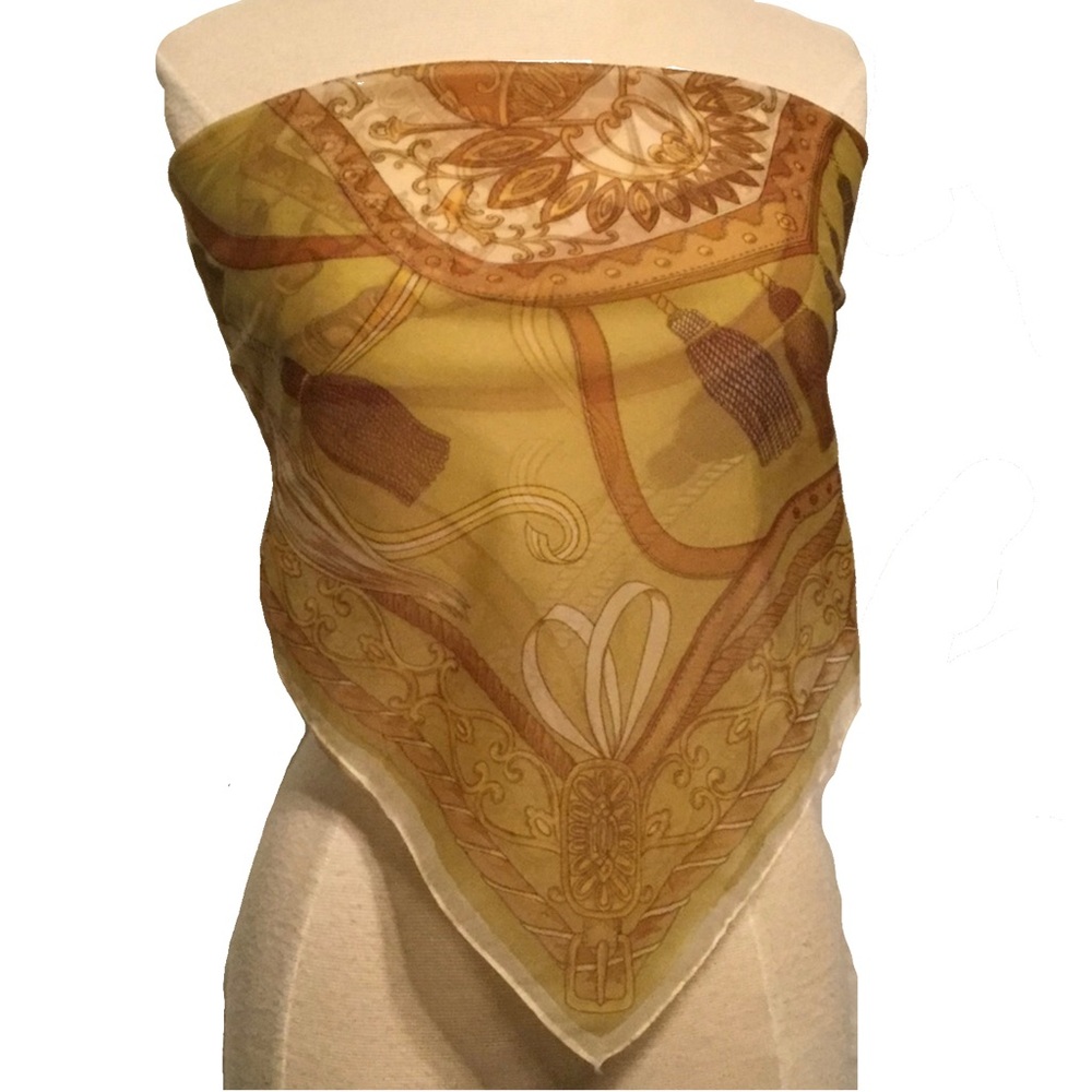 Gold Crest & Tassel Print Sheer Scarf